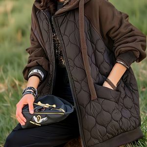 Elegante quiltgezette hoodie-jack voor dames - Verdikte winterjas met zakken, lange mouwen en rits, , casual stijl voor herfst/winter, winterjas