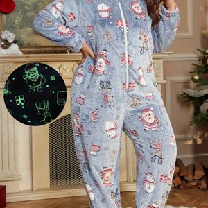 Dames Plus Size -the-Dark Kerst Pyjama Onesie - Geactiveerde Show met Santa, Peperkoek & Sneeuwpop Print, Knusse Flanellen Rits Nachtkleding voor s, Wasmachinebestendige Winternachthemd