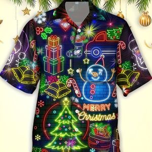 Heren Kerstprint Korte Mouw Shirt - Feestdagen Patronen met Sneeuwpop, Pepernotentjes & Cadeaus Ontwerpen