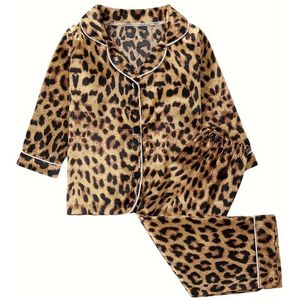 Kinderlegerprint Pyjama Set, Lange Mouw Voor Meisjes, Casual Revers, Alle Seizoenen, Vlambestendig, Pasvorm, Polyester 100%, Knoopdetail, Geweven Stof