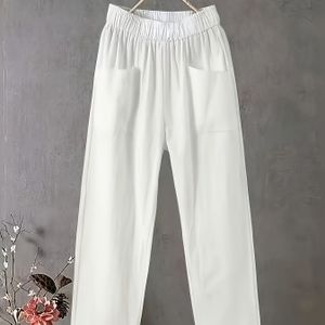 Dames Plus Size Lichtgewicht Rechte Broek - Casual Witte Haremstijl, Elastische Tailleband, Polyester, Machinewasbaar voor Lente/Zomer/Herfst