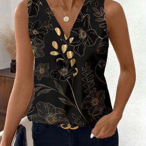 Plus Size - Elegante Plus Size Vrouwen V-hals Tank Top met Gouden & Bloemenprint, 3D Geometrische Ontwerp, Stretchy & Comfortabele Mouwloze Shirt voor Casual Zomerse Dracht, Dames Tank Tops