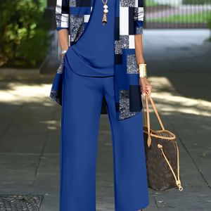 Plus Size - Dames Plus Size Elegante Geometrische Print -Delen Set - Stijlvolle Blauwe Cardigan, Kleur Tanktop & Wijde Broek, Hoge Stretch Stof, Constructie, Plus Size Cardigan