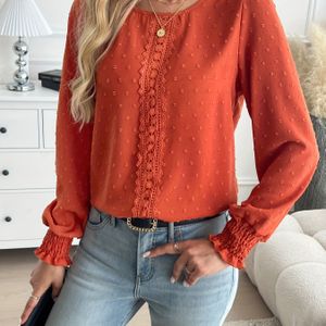 Zwitserse Dot Crew Neck T-shirt, Casual Lantern Lange Mouw T-shirt Voor Lente & Zomer, Dameskleding