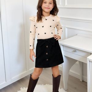 KIDS Elegant Gebreid Hartjespatroon Ruffle Casual Top En Jurk Set, Herfst/Winter Terug Naar School