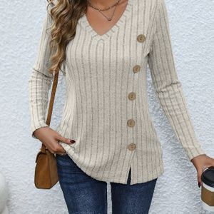 V-hals Lange Mouw Geribbelde Trui met Knoopdetail - Herfstcollectie - Damesmode - Casual Kleding - Gebreide Stof - Polyester Blend