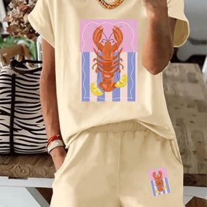 Women's Casual Two-piece Set: Lobster And Lemon Print T-shirt With Elastic Waistband And Pocket Shorts - Spring/summer, Casual Attire| Print Top|stretchy