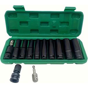 11pcs 1/2 Inch Impact Wrench Socket Set With Adapter, Carbon Steel, 10-24mm Hex Tool For Car Repair Including Portable Storage Box