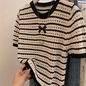 Gestreept Top met Ronde Hals van IJs Fiber Stof | Elegant Kleurblok Design, Korte Mouw, Lichtgewicht Zomer T-Shirt voor Dames