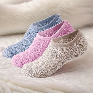 3-Pack Vrouwen Pluche Fleece Sokken, Antislip Siliconen Vloersokken, Verdikte Winter Sloffen, Polyester & Spandex, Machine Wasbaar, Kleur, Gebreid, Damesmode Accessoires