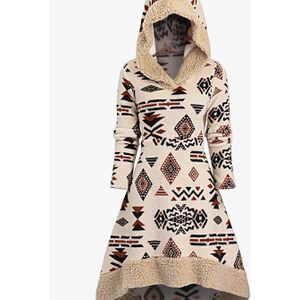 -Chic Hoge-Lage Capuchonjurk met Zuidwestelijke Print - Lange Mouwen, 100% Polyester, Machinewasbaar - Vintage Geïnspireerde Herfst/Winter Mode voor Vrouwen