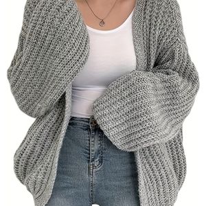 Women's Casual V-neck Cardigan, 100% Acrylic Chunky Knit, Solid Color Loose Fit Sweater, Balloon Sleeve Knit Fabric, 56g/m² - Cozy & Stylish
