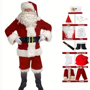11-delige volwassen één maat past iedereen Velours Kerstoutfits Kerstman Kostuum, Kerstman Cosplay Witte Nepbont Rand Rits Kerstmanpak voor Kerstfeest Thuis
