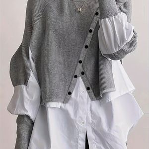 Vrouwen Elegante Lange Mouw Shirt - Zwart & Wit Contrasterende Kraag & Manchet Details, Ronde Hals Regular Fit, Machinewasbaar Top, Lange Mouw Blouse, Seizoensmode, Kwaliteitsvakmanschap