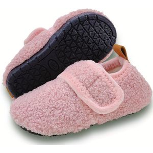 Peuter Jongens & Meisjes Pluche Huissloffen met Klittenbandsluiting - Verdikte, Zachte TPR , Warme Roze/Blauw//Beige Binnenschoenen voor - Verstelbare Lage Wandelschoenen voor Meisjes & Jongens