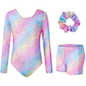 Gymnastiekpak voor Meisjes met Ronde Hals, Lange Mouwen, Eendelig Pak, Platte Pijpen Shorts en Haarring Driedelige Set, Heet Zilveren Gradiënt Luipaardprint Roze Blauwe Dansoefening Kleding