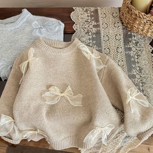 Meisjes Trui 2025 Herfst/Winter Nieuwe Koreaanse Editie Strikversiering Gebreide Trui Kinderkleding Stijlvolle Top voor Meisjes