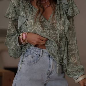 Vrouwen Elegante V-hals Blouse met en Botanische Print - Lichtgewicht Semi- Top voor Lente, Zomer en Herfst, Geschikt voor Casual en Formele Outfits