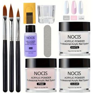 Acrylnagelset met kwasten, monomeer, helder en roze acrylpoeder - Niet-vergelende formule, ongeparfumeerd - Starterset voor nagelkunst