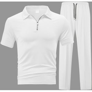 Heren Casual 2-delige Set Gebreid: Rits Korte Mouw Shirt en Trekkoord Broek - Zwart, Polyester, Geschikt voor Lente/Zomer Casual Kleding