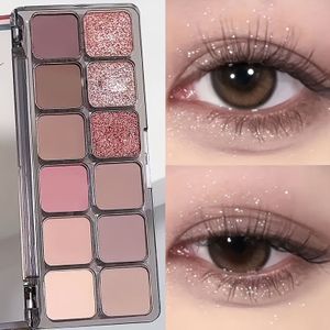12-tinten oogschaduwpalet - Natuurlijke en glimmende afwerkingen, aardse bruine en roze tonen, perfect voor dagelijks gebruik, natuurlijke make-up | Glimmende oogschaduw | Metallische afwerking