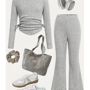 Meisjes Set met Lange Mouwen Geplooid T-shirt en Slim Fit Blokhanger Broek, Casual en Modieus