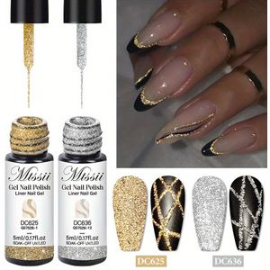 MTSSII 2 stuks Reflecterende Glitter Liner Gel Nagellakset, Gouden Zilveren Schitterend Semi-Permanente Schildergel voor Nagelkunst