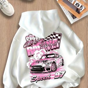 Meisjes Trendy Roze Raceauto Grafische Hoodie - Gezellige Polyester Lange Mouwen Pullover met "" Print voor Herfst/Winter Casual & Feesten