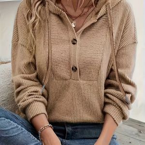 Plus Size, Dames Plus Size Elegante Knoopsluiting Capuchon Trui - Kleur Wintertrui, Knusse Herfst Sweater, Wasmachinebestendig, Veelzijdige Casual & Stijlvolle Outfits