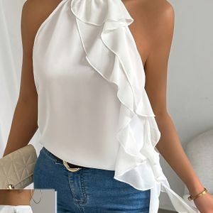 Elegant Special Women's Stand Collar Sleeveless Blouse - Lightweight Summer Semi-sheer Top With Elasticated Waist, Solid Color Machine Washable Regular Fit