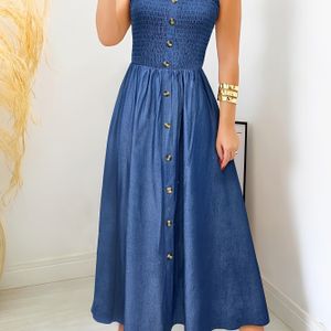 aan de voorkant Shirred Buste Tankjurk, Casual Ruffle Trim Mouwloos A-lijn Enkel Lengte Jurk Voor Lente & Zomer, Dameskleding