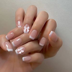 1 Set Franse Press-On Nagels met Boogaccenten, Korte Vierkante Roze , Glanzende Afwerking, Verwijderbare Valsenagels voor Zoete Stijl Manicure