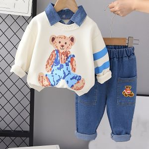 Jongens Lente en Herfst Sportieve Sweatshirt Set met Beer Grafiek, Casual Lange Mouwen Pullover en Nep Denim, Pasvorm, Dierenpatroon, voor Buiten, Perfect voor Buiten