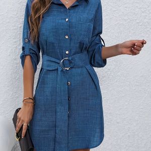 Elegante Kleur A-Lijn Jurk voor Vrouwen - Polyester, Machinewasbaar, Niet Doorschijnend met Reverskraag - Perfect voor Lente/Herfst