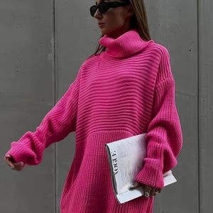 Elegante kleur trui voor vrouwen, acryl gebreid, hoge hals, lange mouw, zijdelingse split, gestreept , voor herfst/wintercollectie