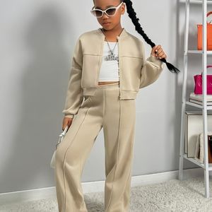 2-delige set effenkleurige standkraag sweatshirt en broek voor meisjes van 1-6 jaar, ideaal voor herfst en winter, perfect voor buiten
