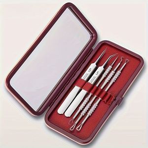 5-delige Professionele Gereedschapsset, Dubbelzijdig Mee-eternaald & Pincet, Hoogwaardig RVS, Lichtbeige Vriendelijk, Draagbare Opbergdoos met Spiegel, Gezichtsverzorgingskit – Praktisch Cadeau