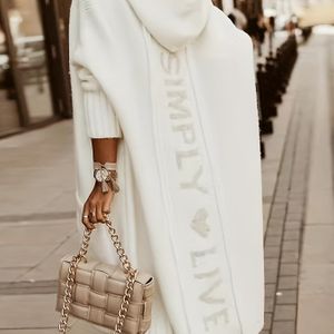 Herfst en Winter Dames Witte Lange Vest met Zakken, Capuchon Letter Borduurjas - Warme, Loszittende Casual Mode Top