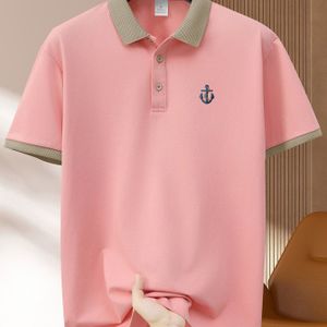 Herenmode Polo-shirt met ankerpatroon, casual korte mouw gebreide polyester, reguliere pasvorm zomer polo met reverskraag, lichte stretch knoopdetail, geometrisch - A1536