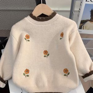 Wintertricot jurk met bloemenborduursel & ruches - Beige & ronde hals lange mouwen jurk, knusse pullover, feestjes, speelafspraken - Wasmachinebestendige warme trui jas
