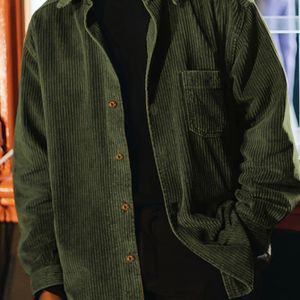 Heren losvallende corduroy overhemd, lange mouw knoopsluiting revers overhemd met borstzak, klassiek ontwerp voor lente- en herfstpendelen en casual uitjes