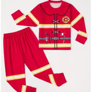Kinderbrandweer Pyjama Set - Rood en Geel Polyester, Lange Mouw Top met Embleem & Broek, Casual Thuis Kleding voor Jongens en Meisjes, , Cadeau