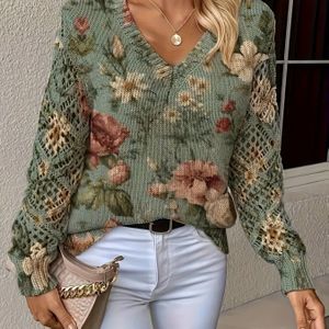 BK0912084 Herfst/Winter Mode Nieuwe Stijlvolle Veelzijdige Pullover V-Hals Lange Mouwen Uitgesneden Dames Top met Bloemenpatroon Plat Digitaal Print Trendy Dames Trui Jas