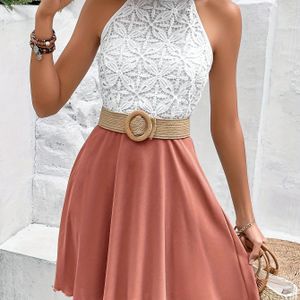 Women's Contrast Lace Sleeveless A-line Dress - Elegant Round Neck Solid Color Machine Washable Versatile Casual To Formal Wear, Summer Fashion, No Stretch Fabric