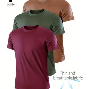 3- Heren Quick-Dry Atletische T-Shirts - Ademend, Vochtregulerend met Ronde Hals in Dieprood, Legergroen, Khaki - Perfect voor Gym, Hardlopen & Training