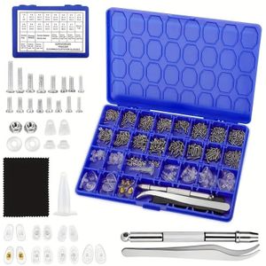 Bril- en brilreparatieset, precisieboutenset met schroevendraaier en neusvullingen, bevat verschillende schroeven, neusvullingen, kleine schroevendraaierbits en pincetten, onparfumeerd