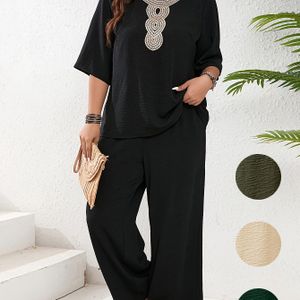 Plus Size - Dames Plus Size Casual Twee-Delige Set - Beige Polyester, Korte Mouw, Ronde Hals, Detail, Losse Pasvorm, Casual Kleding| Detail Top|Polyester Stof