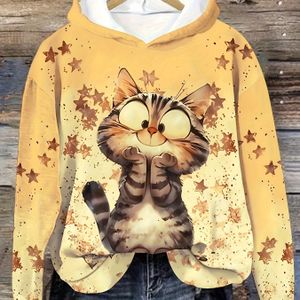 Gezellige Dames Hoodie met Kattenprint - Schattig Kitten Ontwerp met Herfstbladeren, Gele Pullover met Lange Mouwen, Zacht Polyester Stof, Perfect voor Casual Herfst/Winterkleding