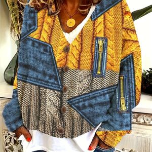 Dames Casual Denim-Stijl Cardigan met 3D Print, V-hals & Details - Lange Mouw Open Front Sweater voor Herfst/Winter, Denim Cardigan