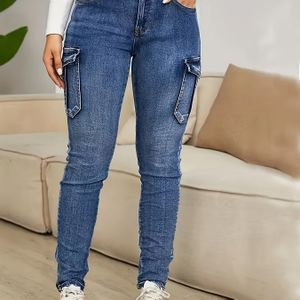Vrouwen High-Waisted Skinny Jeans, 68% Rayon 25% Polyester 4% Viscose 1% Elastaan, Sportstijl, Kleur Gewassen, 400g/m² Geweven Stof, Rekbare Denim Broek
